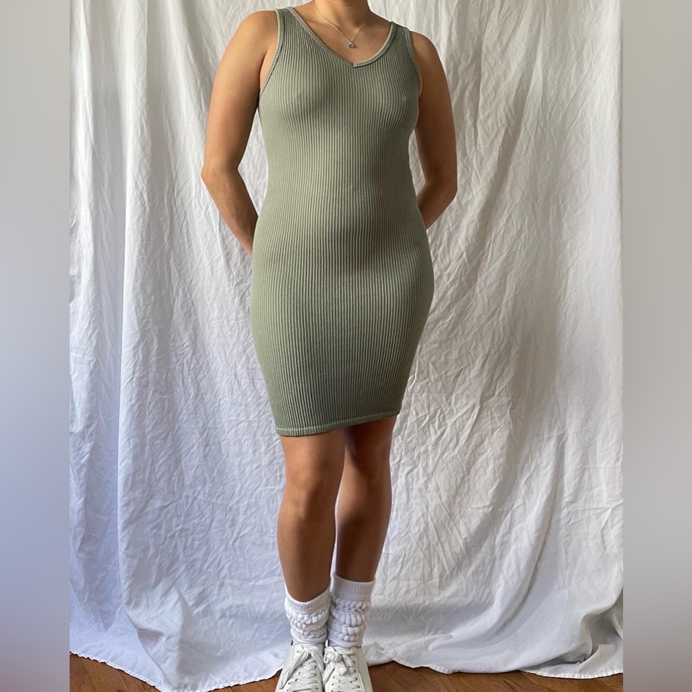 Y2K Sage Green Midi Ribbed Bodycon Dress / SZ S/M